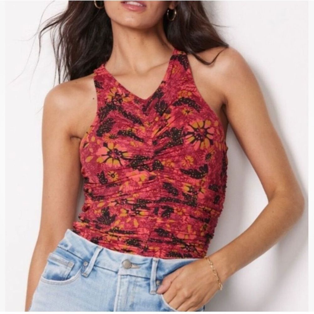 EVEREVE Floral Red Sleeveless Ruched Top L